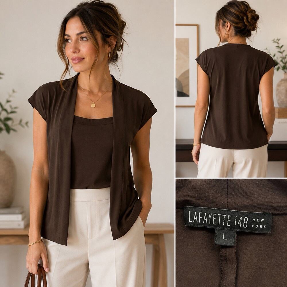 Lafayette 148 New York Brown Stretch Open Front Cap Sleeve Career Top Women’s L